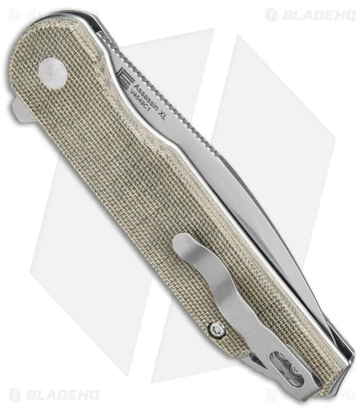 Kizer Vanguard Elstner Assassin XL Button Lock Knife Green Micarta (3.4" Satin) Kizer Vanguard Elstner Assassin XL Button Lock Knife Green Micarta (3.4" Satin) -Blade HQ Store Kizer Vanguard Elstner Assassin XL Button Lock Green Micarta Satin BHQ 169650 jr side